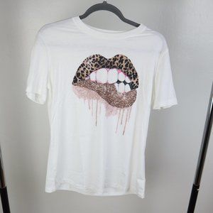 Leopard Lips Graphic T-Shirt Glitter Drip Graphic Tee White Short Sleeve Small